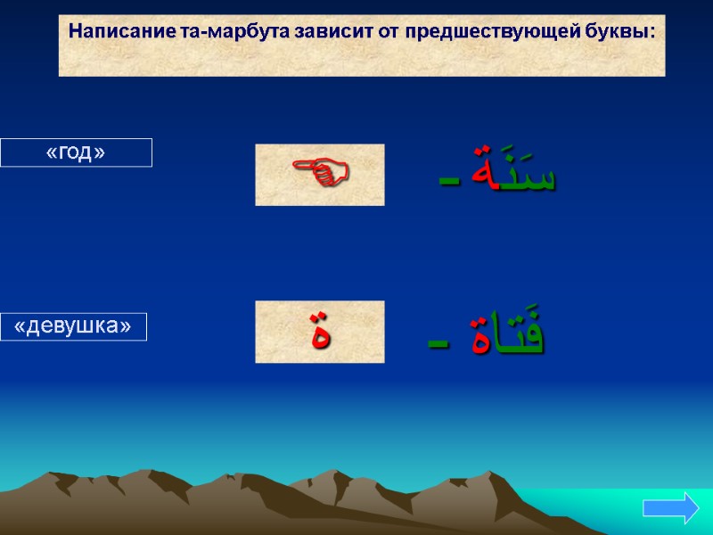 سَنَة -  ة  «год» Написание та-марбута зависит от предшествующей буквы: «девушка» 